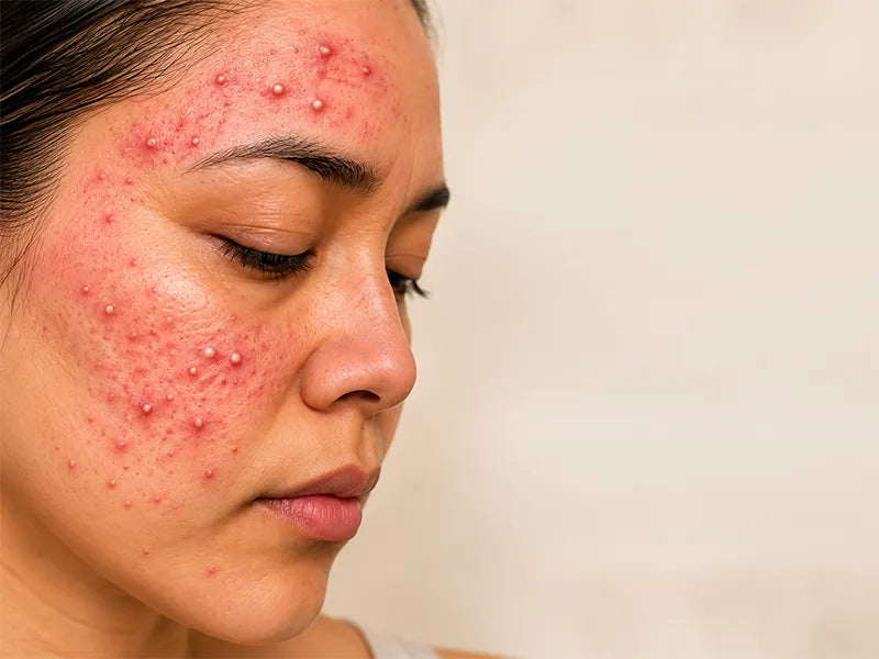 Woman with a visible facial rash beside the text “What Does a Chemo Rash Look Like? A Visual Guide to Symptoms and Relief.