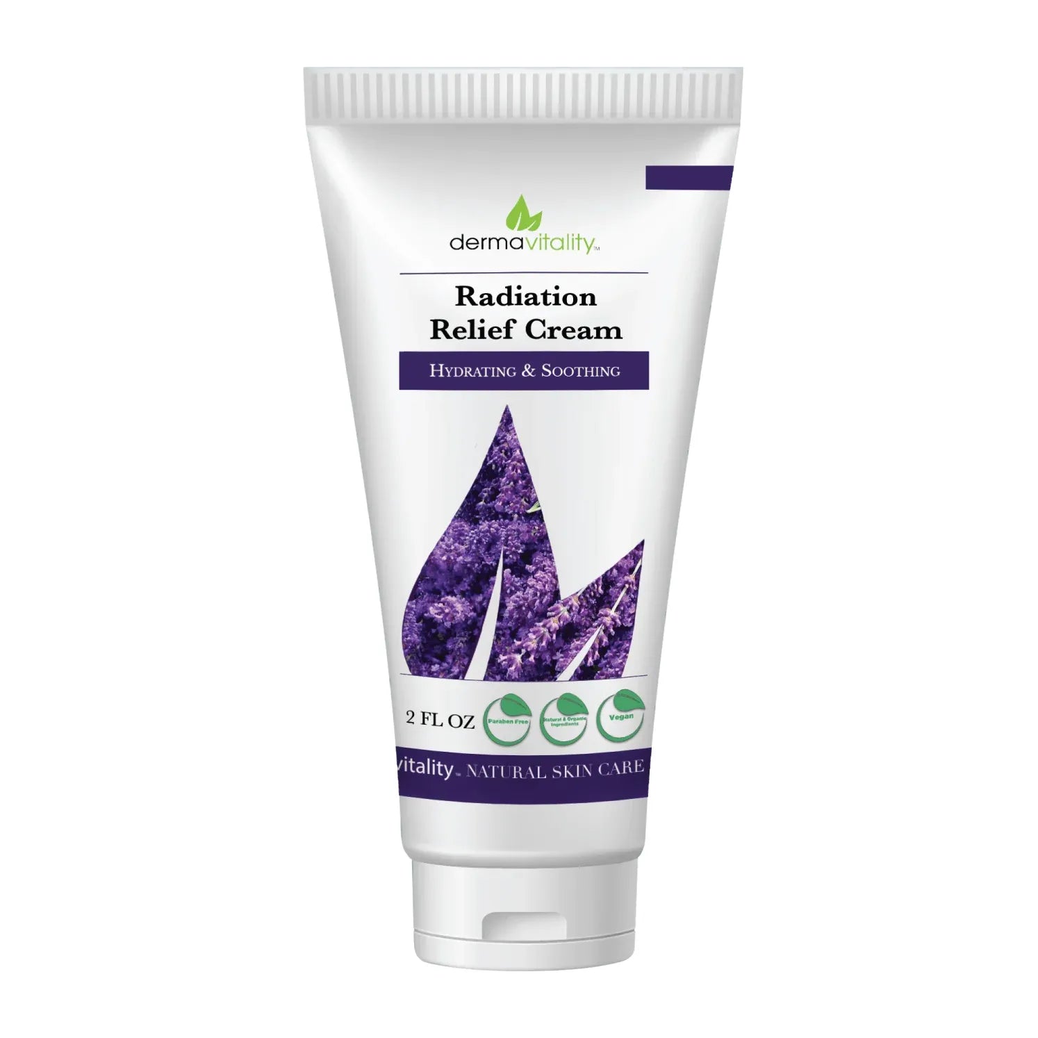 Front view of Dermavitality Radiation Relief Cream, a 2 fl oz hydrating and soothing moisturizer for dry, sensitive skin during radiation care.