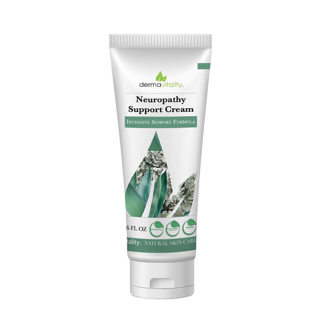 Dermavitality Neuropathy Support Cream tube, natural pain relief cream with eucalyptus, turmeric, and aloe vera for soothing nerve discomfort, 6 fl oz.