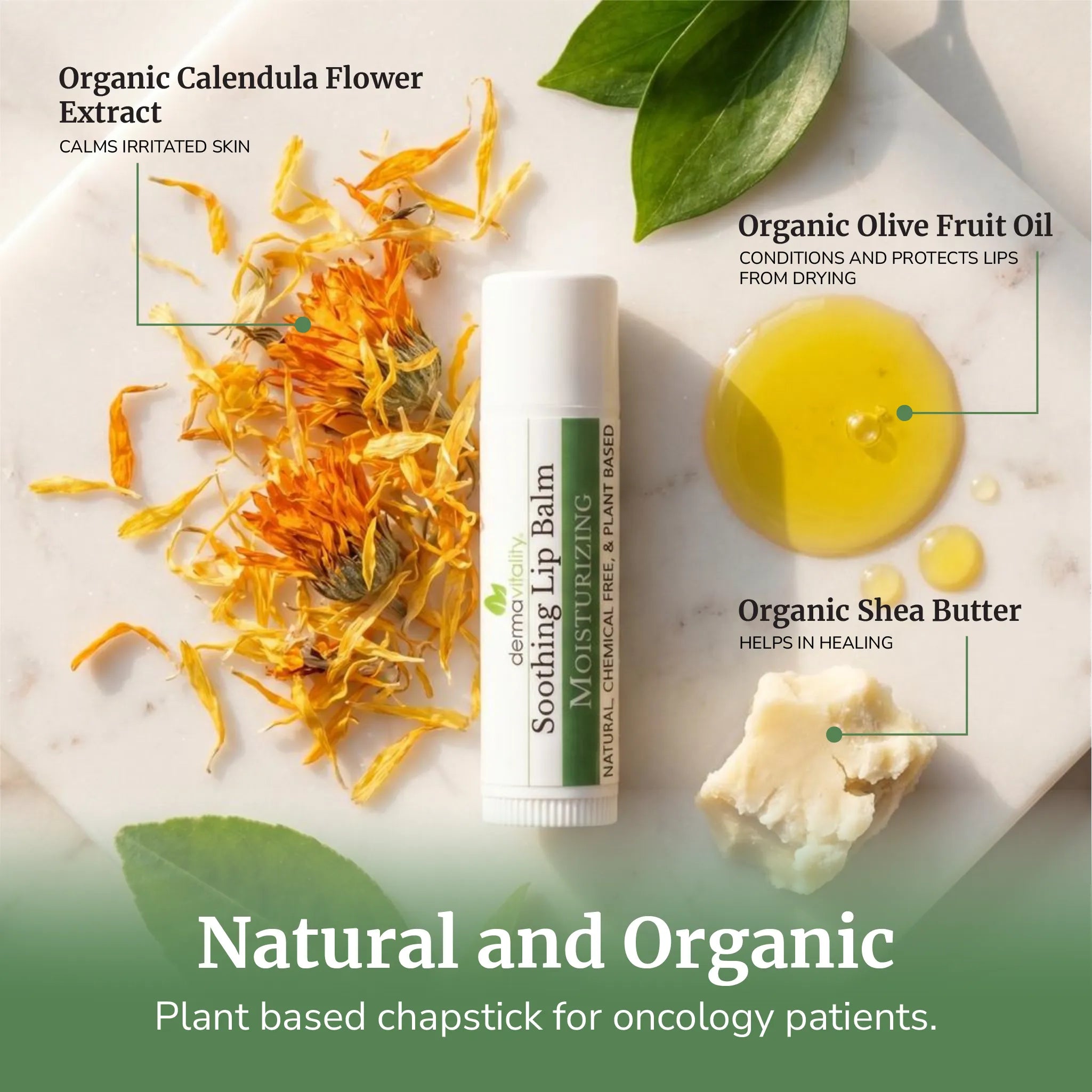 Dermavitality Soothing Lip Balm displayed with organic calendula flower extract, olive fruit oil, and shea butter for moisturizing care for dry, sensitive lips.