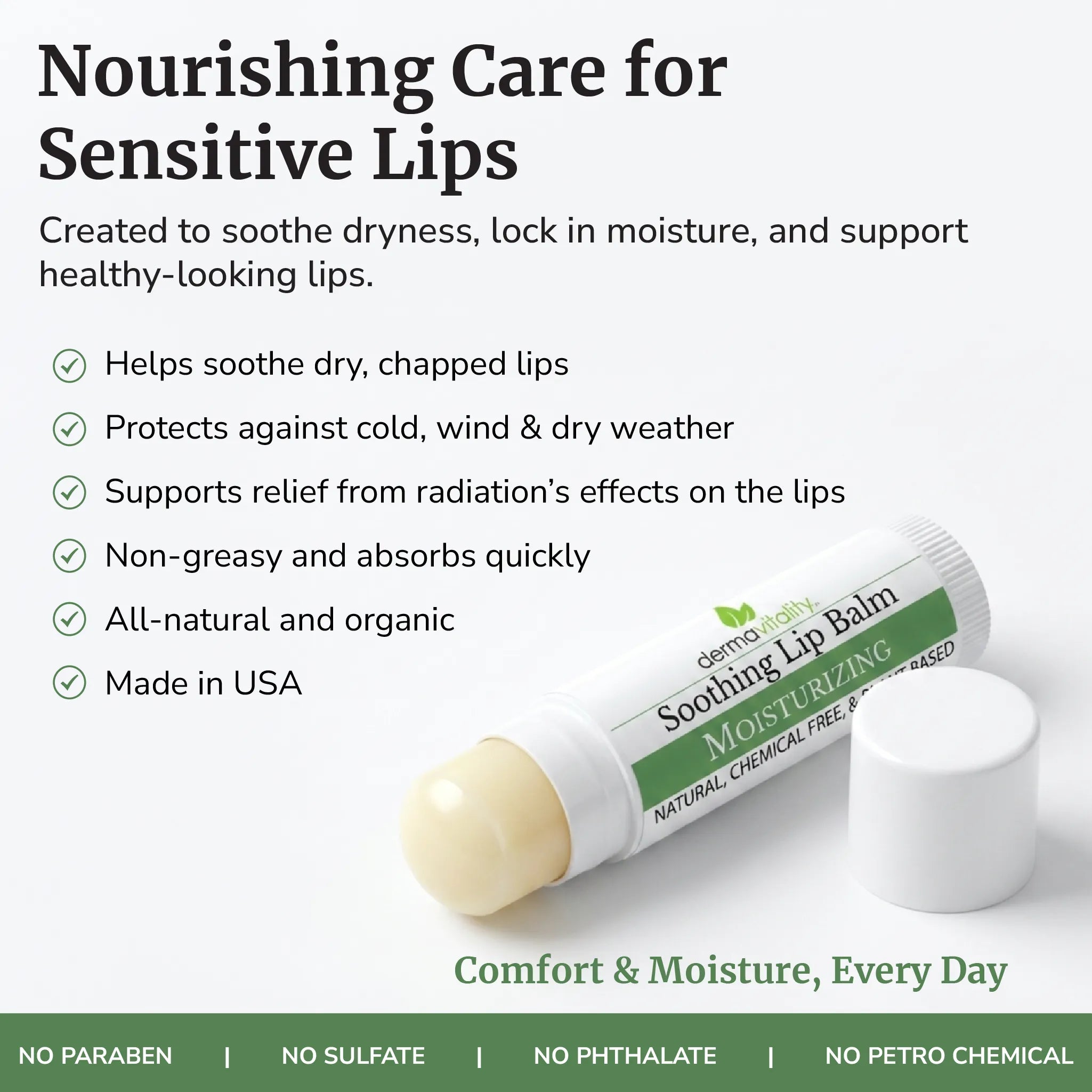 Dermavitality Soothing Lip Balm shown with a moisturizing balm stick, highlighting daily care for dry, sensitive lips with organic, naturally derived ingredients.