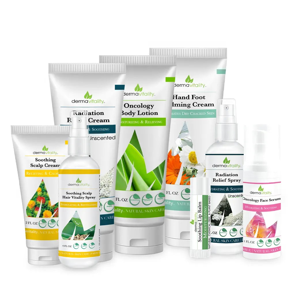 Dermavitality oncology skincare collection featuring radiation relief cream and spray, body lotion, hand and foot cream, scalp cream and Hair Vitality Spray, face serum, and soothing lip balm.