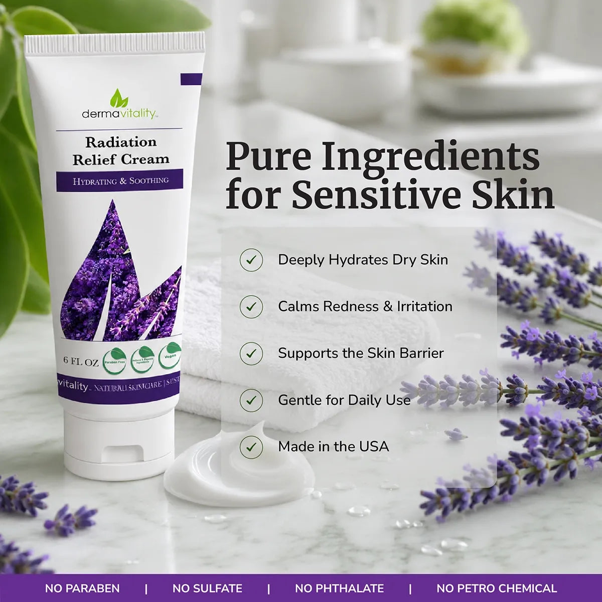Dermavitality Radiation Relief Cream with lavender helps hydrate dry, sensitive skin, calm visible redness, and support the skin barrier during daily radiation skin care.