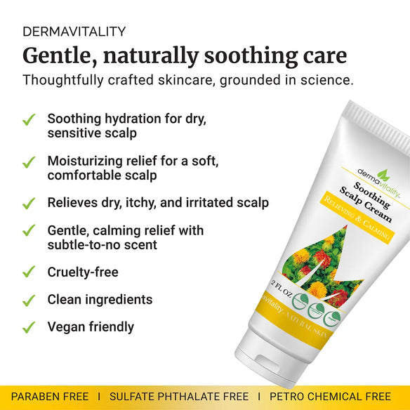 DermaVitality Soothing Scalp Cream with product details on a white background