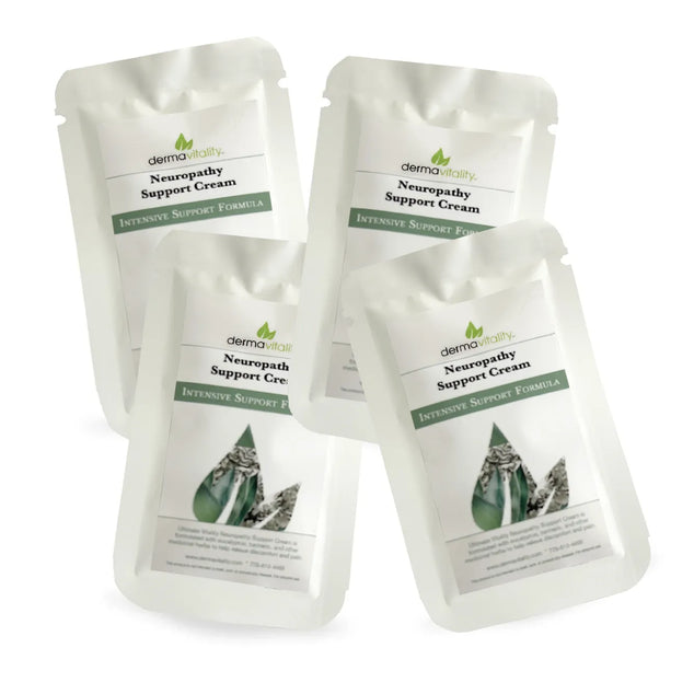 Dermavitality Neuropathy Support Cream sample packs, natural nerve pain relief cream with botanical ingredients for tingling, burning, and discomfort.