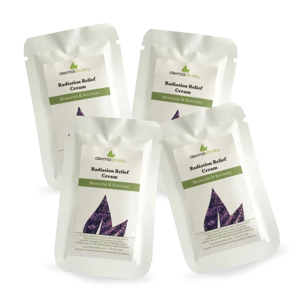 Four Dermavitality Radiation Relief Cream sample packets with hydrating and soothing care for dry, sensitive skin during radiation treatment.