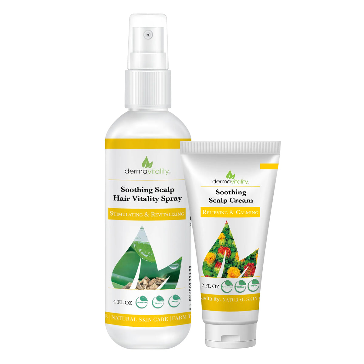 Dermavitality Soothing Scalp Hair Vitality Spray and Soothing Scalp Cream duo for gentle daily scalp hydration, comfort, and sensitive scalp care.