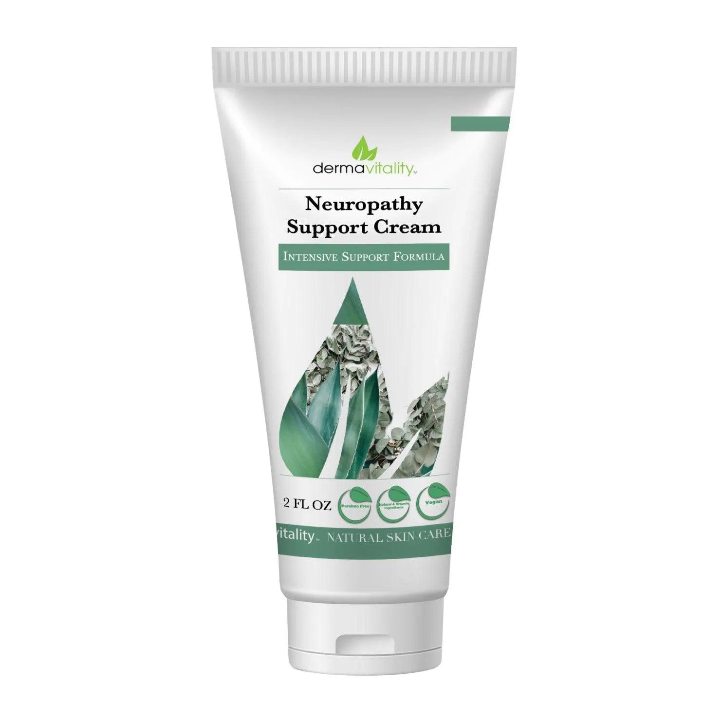 Dermavitality Neuropathy Support Cream 2oz tube, natural nerve pain relief cream with eucalyptus, turmeric, and aloe vera for tingling and burning discomfort.