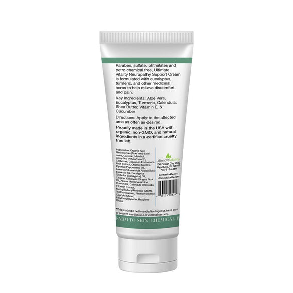 Dermavitality Neuropathy Support Cream back label showing ingredients and directions, highlighting natural formulation with aloe vera, eucalyptus, turmeric, calendula, and shea butter.