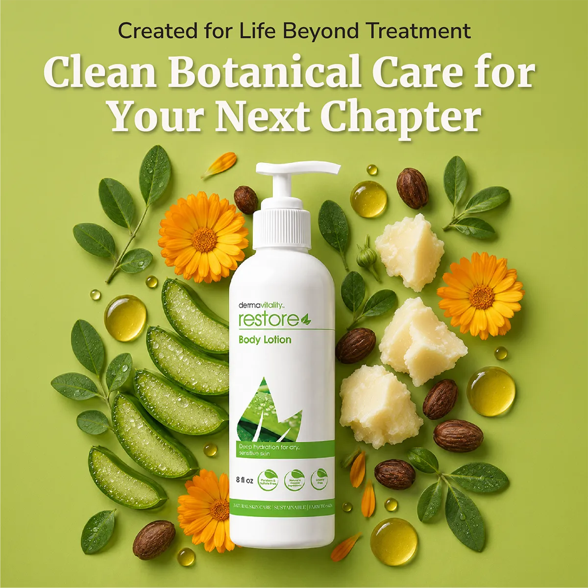 Restore Body Lotion with aloe, calendula, shea butter, jojoba oil, and botanical ingredients for dry, sensitive skin.
