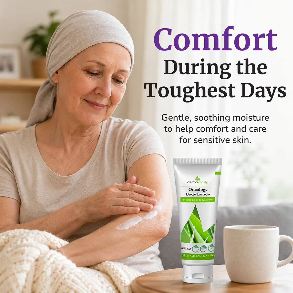 Dermavitality Oncology Body Lotion helping moisturize dry, sensitive skin during chemotherapy treatment. Lightweight daily lotion formulated to soothe discomfort, support hydration, and provide gentle skincare for oncology patients.