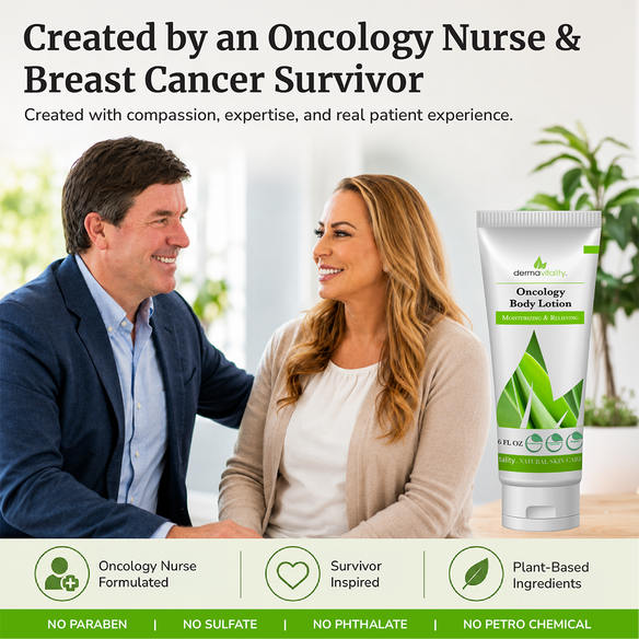 Dermavitality Oncology Body Lotion created by Oncology Nurse Mark Brown and breast cancer survivor Lesley Nygaard. Plant-based moisturizer for sensitive skin, providing hydration and comfort during and after chemotherapy and radiation treatment.