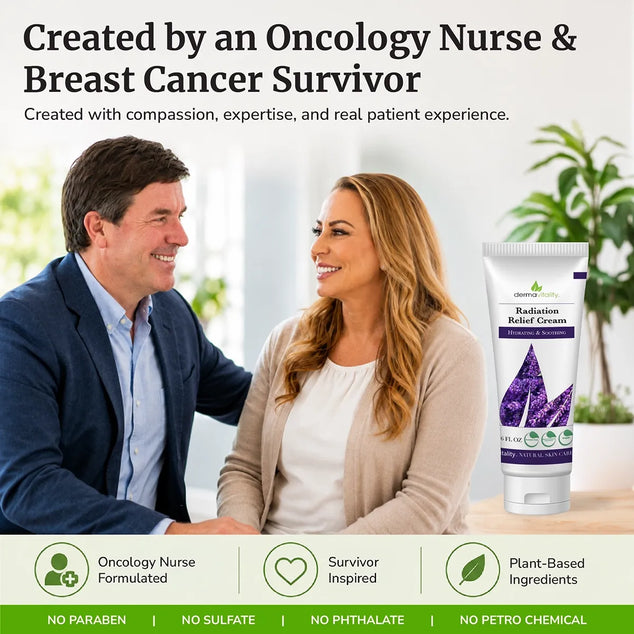 Oncology nurse Mark Brown and breast cancer survivor Lesley Nygaard with Dermavitality Radiation Relief Cream, a plant-based moisturizer created for dry, sensitive skin during radiation treatment.