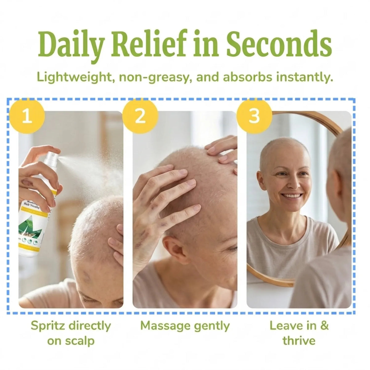 Dermavitality Soothing Scalp Hair Vitality Spray shown in a three-step routine: spritz directly on the scalp, massage gently, and leave in for lightweight, non-greasy daily scalp care.