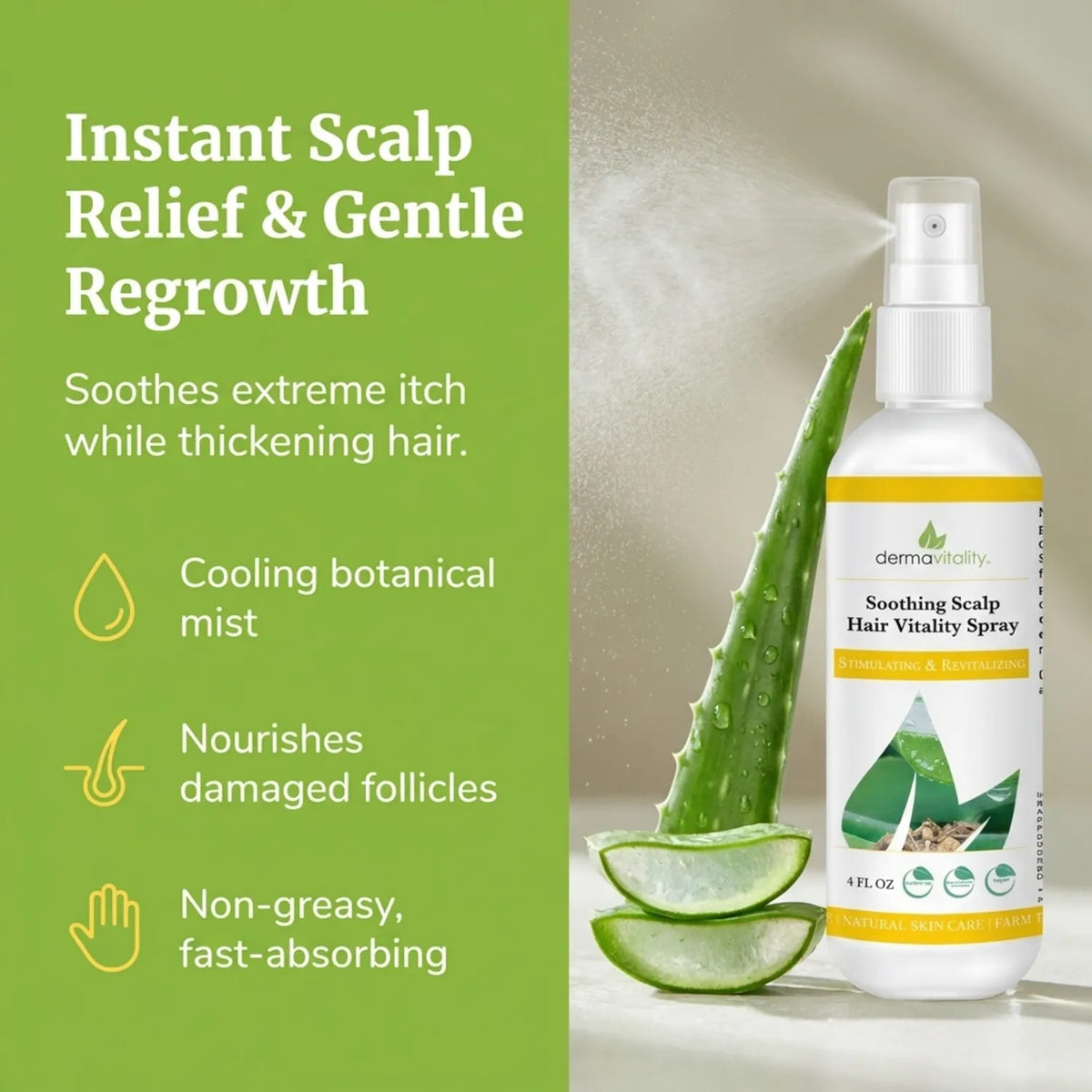 Dermavitality Soothing Scalp Hair Vitality Spray with aloe vera, highlighting cooling botanical mist, support for damaged follicles, fast absorption, and scalp comfort.