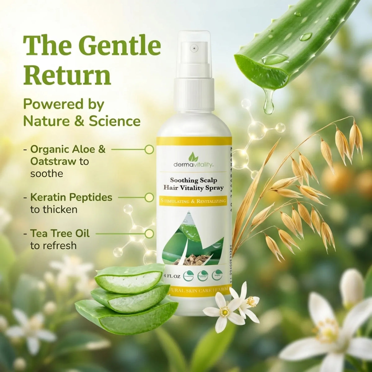 Dermavitality Soothing Scalp Hair Vitality Spray with aloe, oatstraw, keratin peptides, and tea tree oil, highlighting soothing, refreshing, and hair-thickening support.