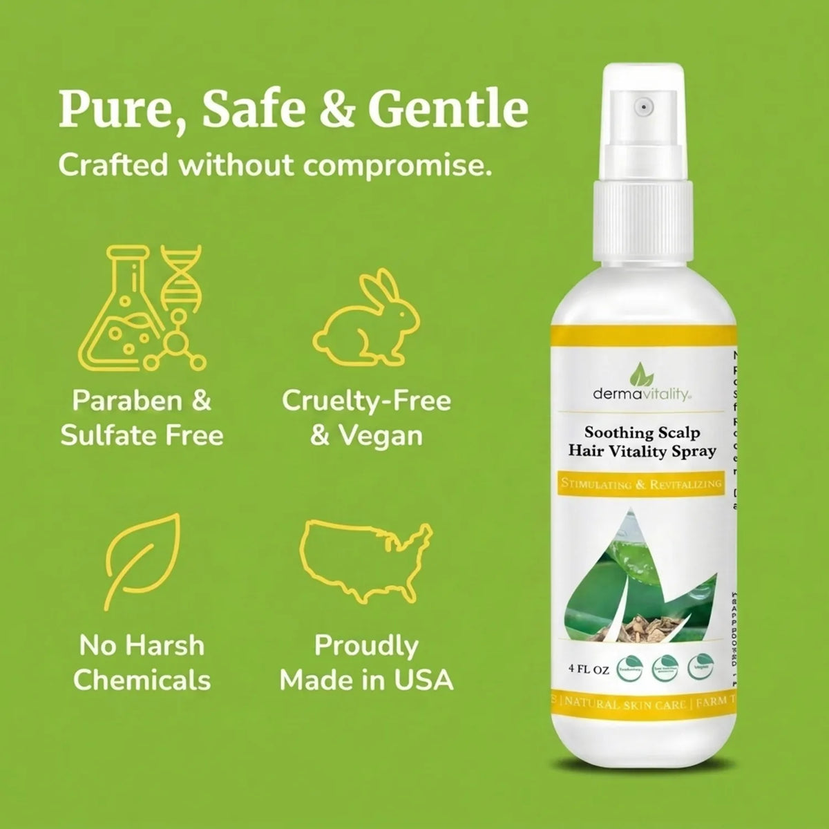 Dermavitality Soothing Scalp Hair Vitality Spray highlighting a gentle formula that is paraben- and sulfate-free, cruelty-free and vegan, made without harsh chemicals, and proudly made in the USA.