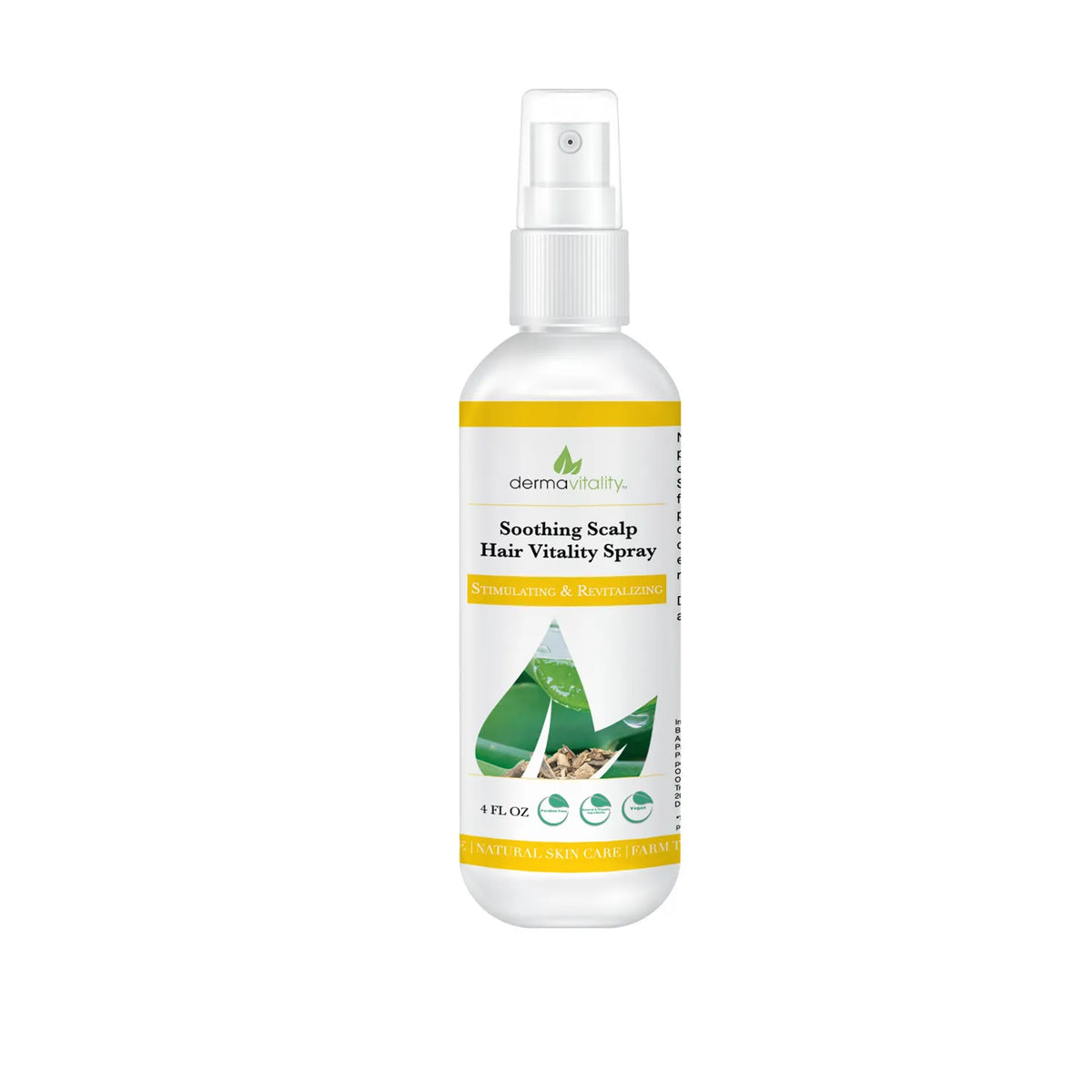 Dermavitality Soothing Scalp Hair Vitality Spray, 4 fl oz, shown in front-facing packaging with botanical imagery and a spray applicator.