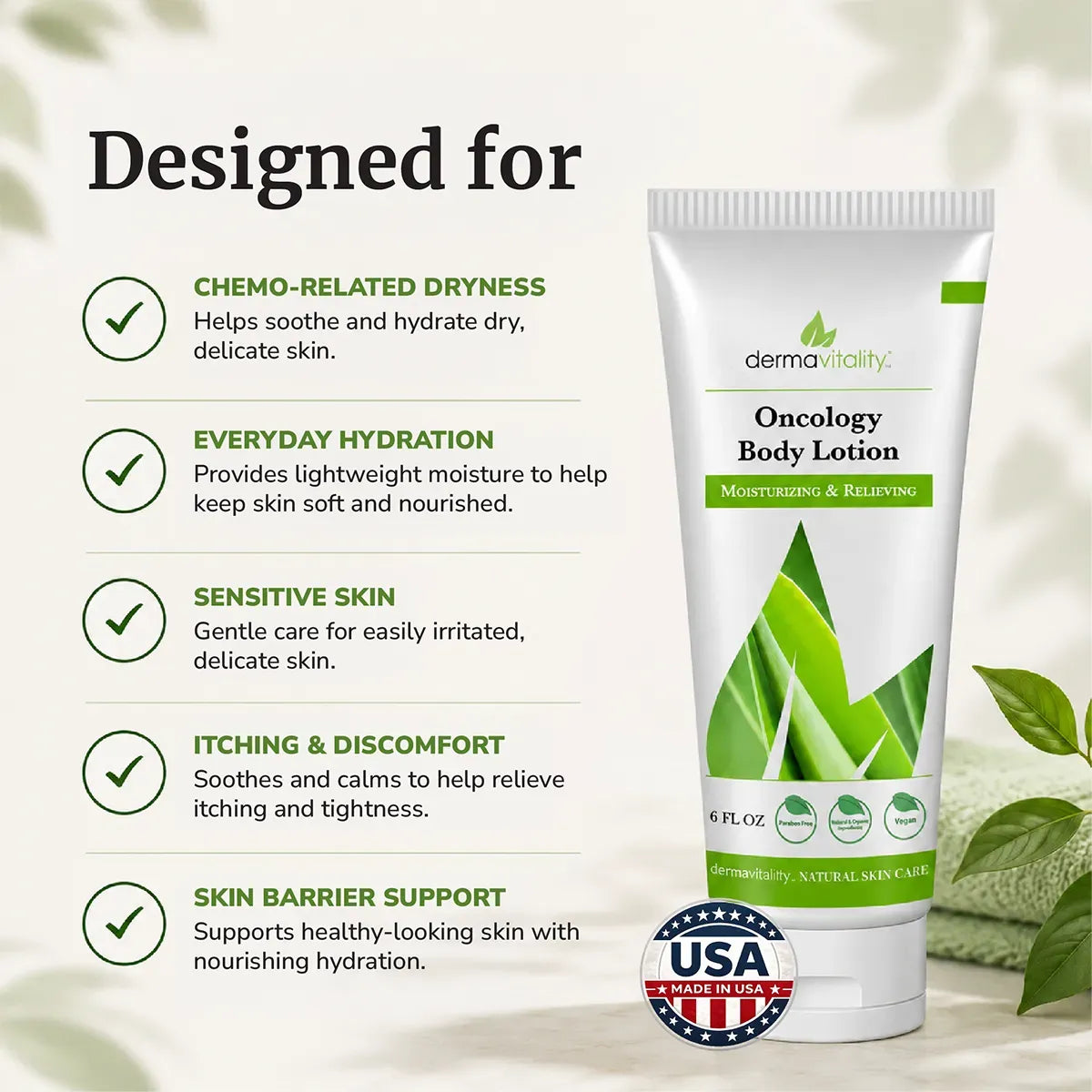 Oncology Body Lotion by Dermavitality designed for chemotherapy-related dryness, sensitive skin, itching, and daily hydration. Plant-based moisturizing lotion that helps support skin barrier comfort and healthy-looking skin during treatment.