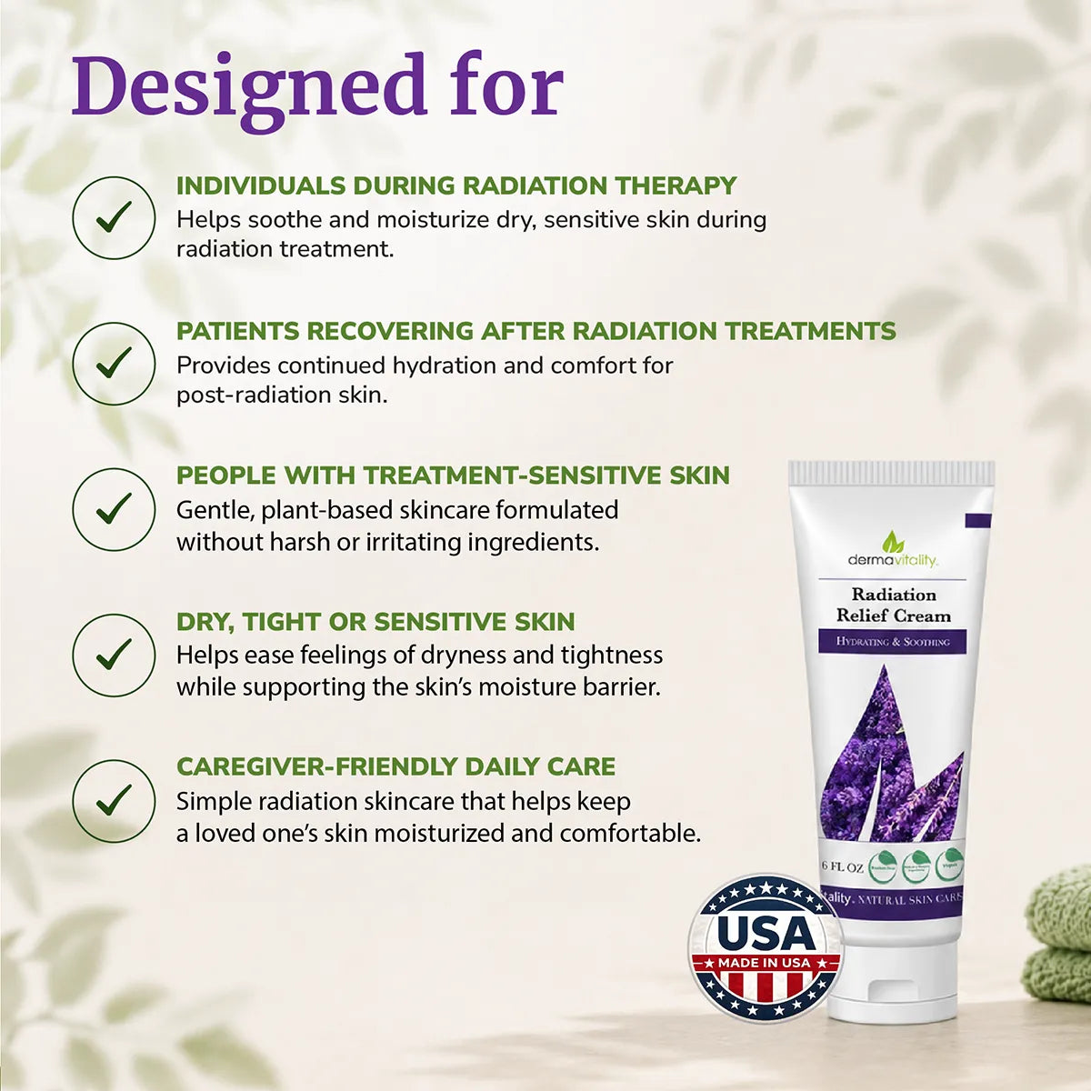 Dermavitality Radiation Relief Cream for dry, sensitive skin during and after radiation therapy, with soothing skincare benefits and Made in USA badge.