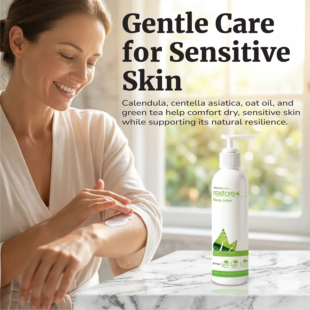 Woman applying Restore Body Lotion to her arm for gentle daily care of dry, sensitive skin.