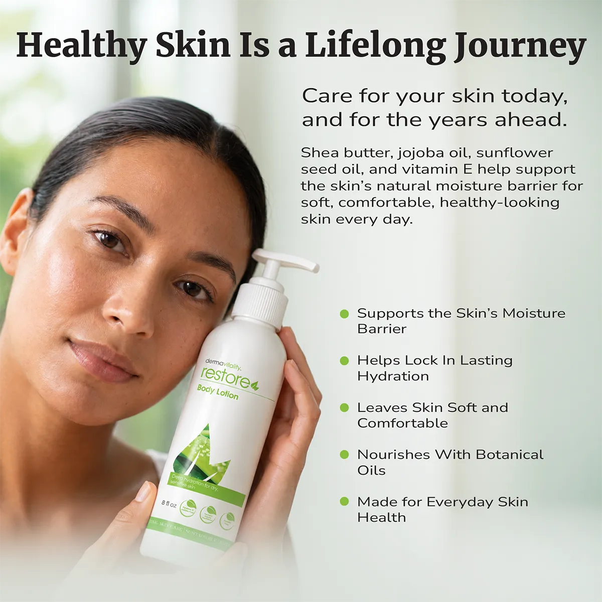 Woman holding Restore Body Lotion, a botanical moisturizer that supports soft, comfortable, healthy-looking skin.
