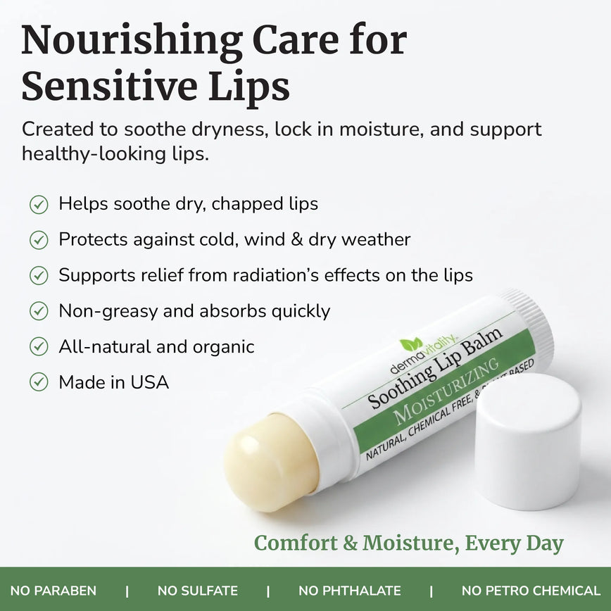 Dermavitality Soothing Lip Balm shown with a moisturizing balm stick, highlighting daily care for dry, sensitive lips with organic, naturally derived ingredients.