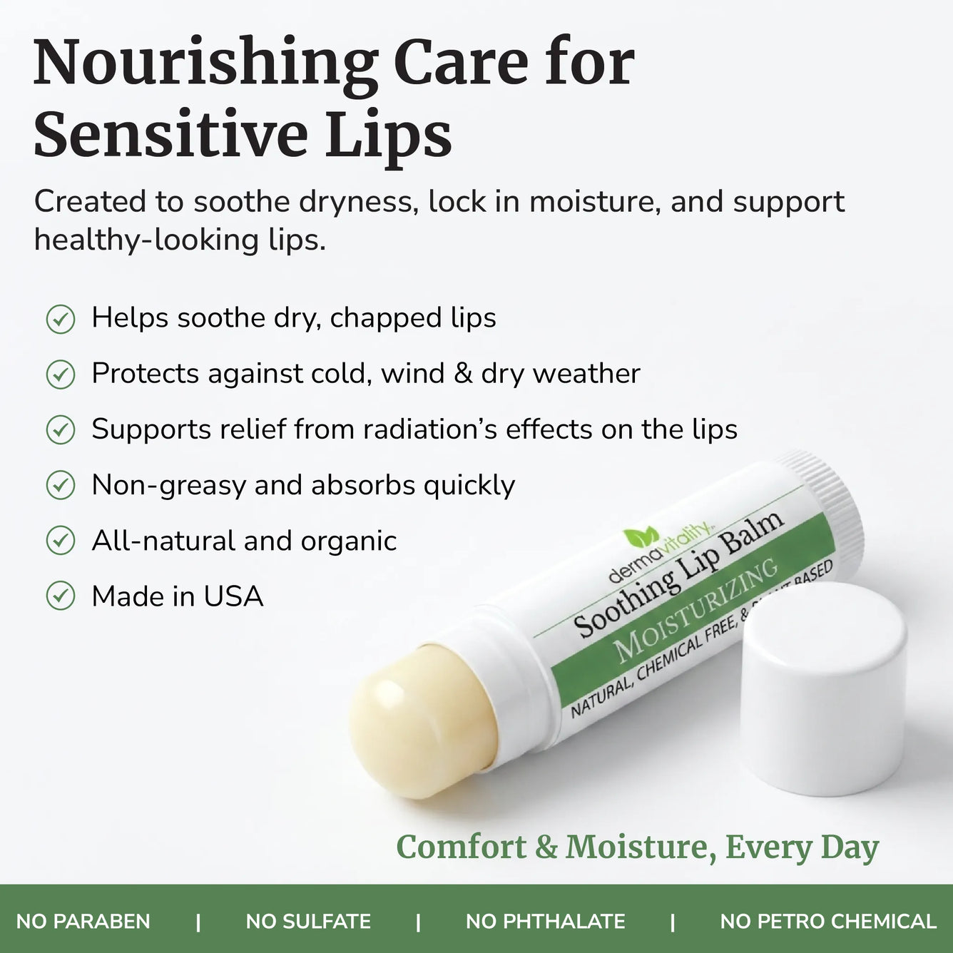 Dermavitality Soothing Lip Balm shown with a moisturizing balm stick, highlighting daily care for dry, sensitive lips with organic, naturally derived ingredients.