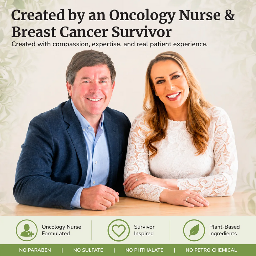 Oncology nurse Mark Brown and breast cancer survivor Lesley Nygaard with Dermavitality Radiation Relief Cream, a plant-based moisturizer created for dry, sensitive skin during radiation treatment.