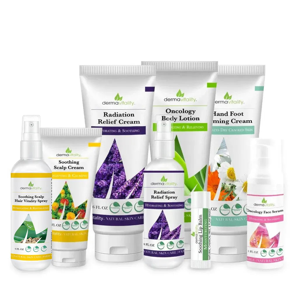 Dermavitality oncology skincare collection featuring radiation relief cream and spray, body lotion, hand and foot cream, scalp cream and spray, face serum, and soothing lip balm.