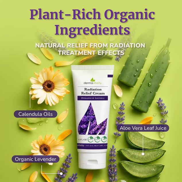 Dermavitality Radiation Relief Cream with calendula oil, organic lavender, and aloe vera, plant-based ingredients that help hydrate and soothe dry, sensitive skin during radiation care.