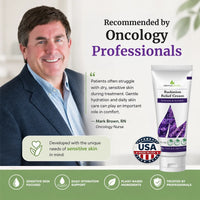 Oncology nurse Mark Brown recommends Dermavitality Radiation Relief Cream for gentle hydration and comfort for dry, sensitive skin during radiation treatment.