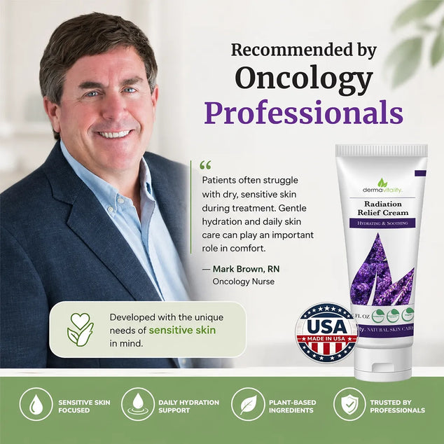 Oncology nurse Mark Brown recommends Dermavitality Radiation Relief Cream for gentle hydration and comfort for dry, sensitive skin during radiation treatment.