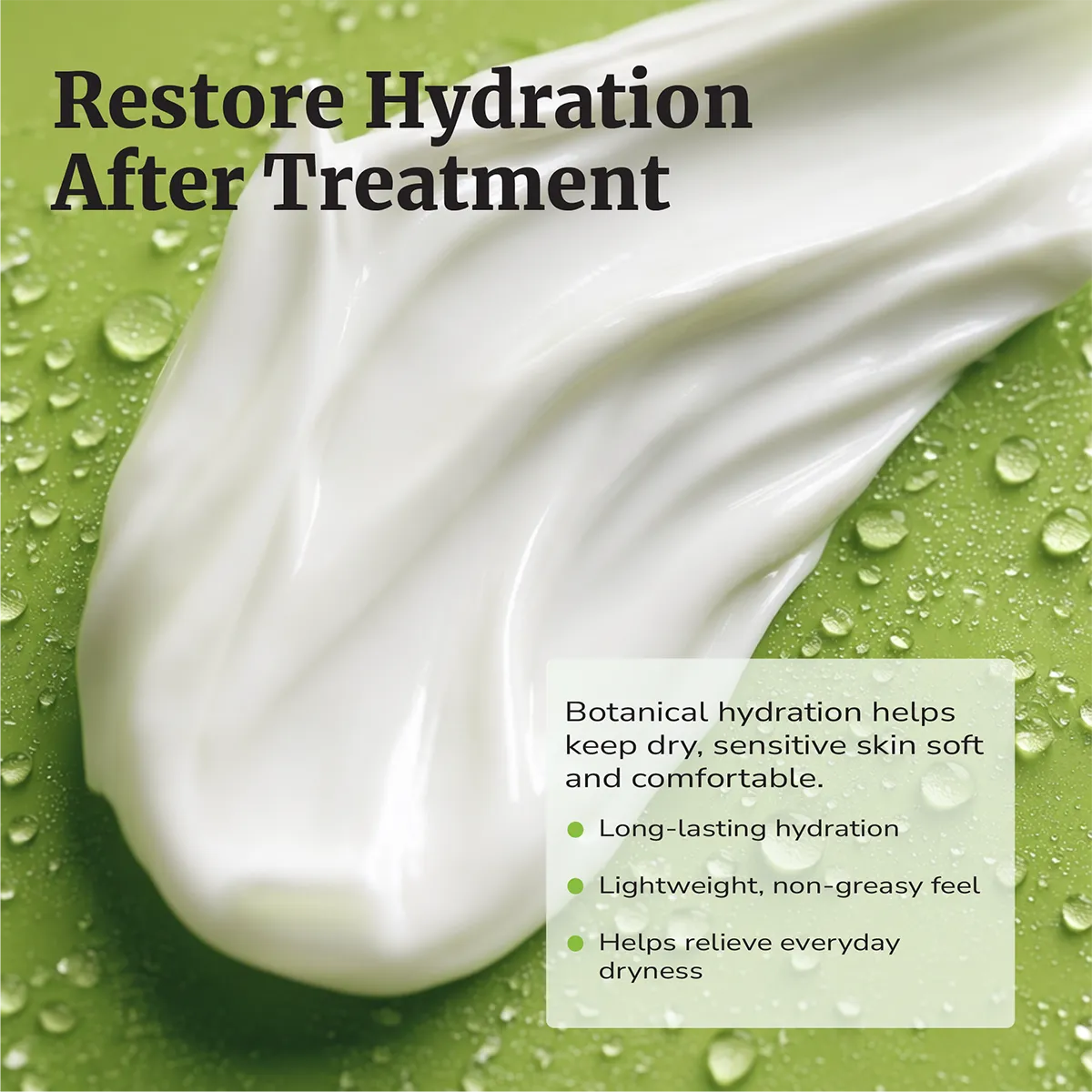 Restore Body Lotion texture showing lightweight botanical hydration for dry, sensitive skin after treatment.