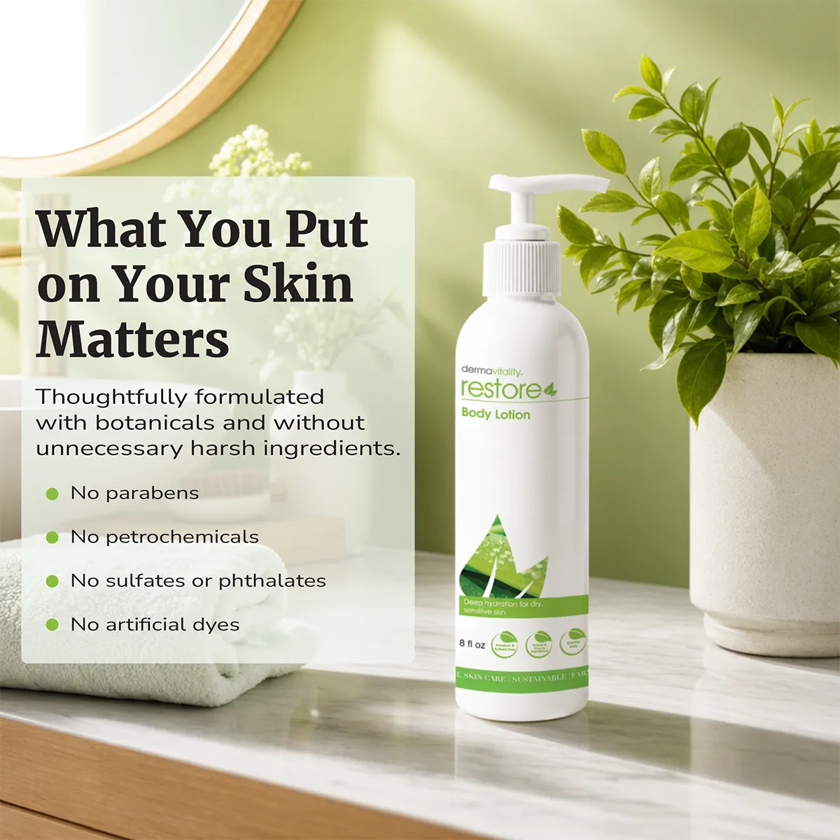 Restore Body Lotion in a clean bathroom setting, formulated without parabens, sulfates, phthalates, or artificial dyes.