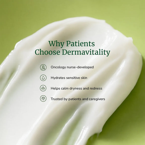 Close-up of Dermavitality cream texture highlighting oncology nurse-developed hydration for sensitive skin, helping calm dryness and visible redness.