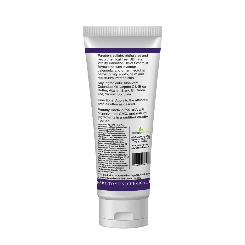 Back view of Dermavitality Radiation Relief Cream showing directions, key botanical ingredients, and product information for dry, sensitive skin.