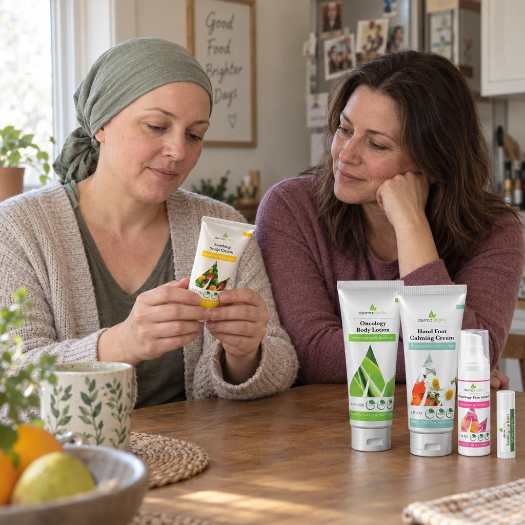 Illustrative scene: Two women considering a scalp-care product together