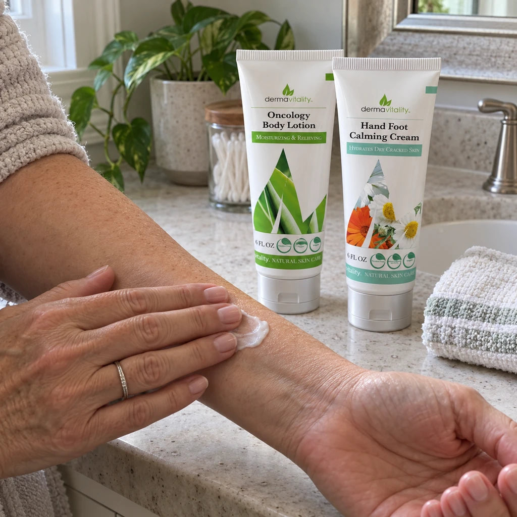 Illustrative scene: Moisturizer being applied to a forearm beside the body lotion and hand cream