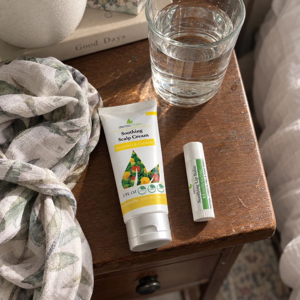 Illustrative scene: Scalp cream and lip balm within reach on a bedside table