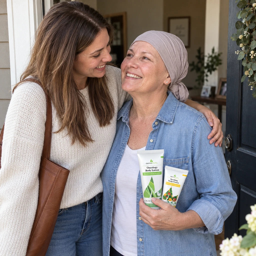 Illustrative scene: A family visit with a practical skincare gift