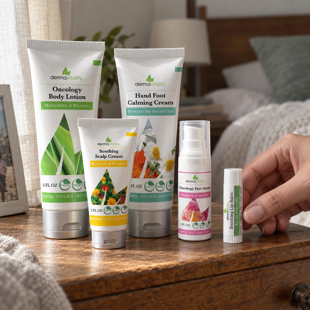 Illustrative scene: All five bundle products arranged on a bedroom dresser